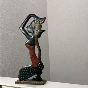 Wood Carved Artistic Sculpture Red & Black Female Bather Vintage